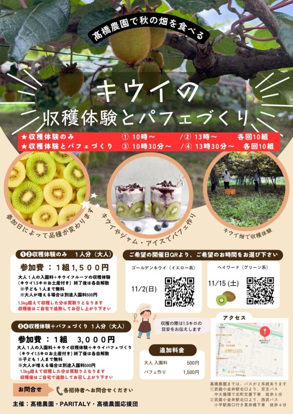 ①②キウイの収穫体験　③④キウイの収穫体験とパフェづくり